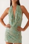 sexy slight stretch halter neck deep v slim backless sequins flower mini dress_Red_Green