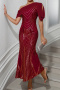 elegant plus size non-stretch chiffon splicing sequins slim fit slit maxi dress_Black_Pink_Rose Red
