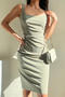 casual slight stretch square neck 13 colors sling midi dress(size run small)_Black_White_Pink_Red_Magenta_Yellow_Light Green