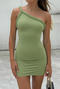 sexy slight stretch solid color one shoulder braided rope bodycon mini dress_Red_Green