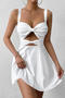 casual slight stretch solid color sling hollow mini dress_Black_White