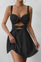 casual slight stretch solid color sling hollow mini dress_Black