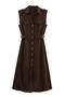 casual non-stretch 3 colors v-neck solid color midi dress_Beige_Khaki _Brown