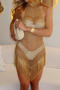 sexy slight stretch halter-neck tassels decor fishnet mini dress_Beige_Gold