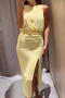 casual non-stretch crew neck solid color slit midi dress_Red_Yellow