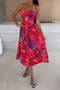 stylish plus size slight stretch floral print padded tie-shoulder midi dress_Red