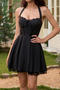 stylish slight stretch 3 colors lace decor halter-neck lace-up mini dress_Black