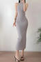 sexy slight stretch crew neck solid color high slit midi dress(size run small)_Black_White_Gray