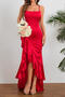 sexy slight stretch solid color sling ruffled slit satin maxi dress_Black_Red