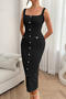 stylish slight stretch textured 4 colors button decor sleeveless midi dress_Black