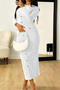stylish slight stretch pure colour button decor long sleeve midi dress_White