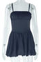 casual slight stretch new solid color sling pleated mini dress_Black