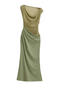 sexy slight stretch stitching mesh crew neck zip-up shirring midi dress_Black_Green