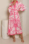 casual plus size non-stretch batch printing linen fabric midi dress with belt_Magenta