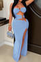 sexy plus size stretch tube top slim hollow high slit maxi dress new add color_Black_Green_Sky Blue