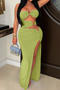 sexy plus size slight stretch tube top slim fit hollow high slit maxi dress_Green