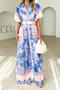 casual non-stretch batch printing short-sleeve maxi dress with belt #1_Pink_Blue