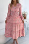 casual slight stretch floral printing 3 colors v-neck long sleeve midi dress_Pink