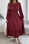casual non-stretch 5 colors long sleeve smocked waist midi dress_Rose Red