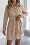 casual slight stretch corduroy 3 colors single-breasted with belt mini dress_Black_Rose Red_Khaki 