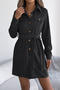 casual slight stretch corduroy 3 colors single-breasted with belt mini dress_Black