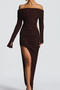 sexy slight stretch off-shoulder hollow high slit wrinkle fabric maxi dress_Khaki _Reddish Brown