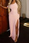casual slight stretch solid color pleated slit maxi dress_Black_Light Pink
