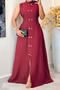 stylish non-stretch pure colour single-breasted sleeveless maxi dress_Rose Red