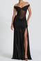 sexy slight stretch stitching mesh off shoulder with scarf maxi dress_Black