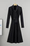 casual slight stretch simple solid color knitted long-sleeved midi dress_Black