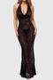 sexy non-stretch solid color see-through halter neck slim sequins maxi dress_Black