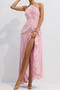 sexy non-stretch chiffon halter-neck pleated ruffle decor maxi dress_White_Pink