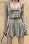 casual slight stretch 6colors solid color two-piece set mini dress(size run small)_Black_White_Gray