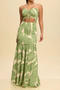 casual plus size slight stretch tube top leaf print hollow shirring maxi dress_Green