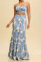 casual plus size slight stretch tube top leaf print hollow shirring maxi dress_Green_Blue