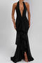sexy slight stretch stitching mesh halter-neck slit maxi dress_Black