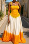 casual plus size slight stretch sling contrast color pleated maxi dress_Orange