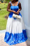 casual plus size slight stretch sling contrast color pleated maxi dress_Orange_Blue