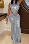sexy plus size slight stretch solid color holographic sleeveless slit maxi dress_Black_Blue_Gold_Silver