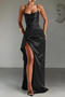 sexy slight stretch 5 colors high slit backless sling maxi dress_Black