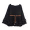 casual slight stretch ribbed knit crew neck fuzzy decor with belt mini dress_Black