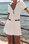 casual slight stretch contrast color lapel short sleeve mini dress_Black_White