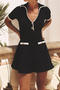 casual slight stretch contrast color lapel short sleeve mini dress_Black
