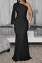 sexy plus size slight stretch solid color one shoulder mesh pleated maxi dress_Black