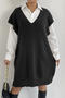 casual slight stretch knitted 3 colors v-neck sweater midi dress(no belt)_Black