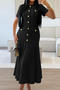 casual slight stretch 4 colors crew neck button midi dress_Black