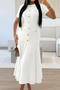 casual slight stretch 4 colors crew neck button midi dress_Black_White