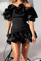 sexy plus size slight stretch one-shoulder ruffle decor slim mini dress_Black