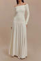 casual slight stretch solid color one-shoulder pleated high-slit maxi dress_White_Beige