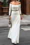 casual slight stretch solid color one-shoulder pleated high-slit maxi dress_White